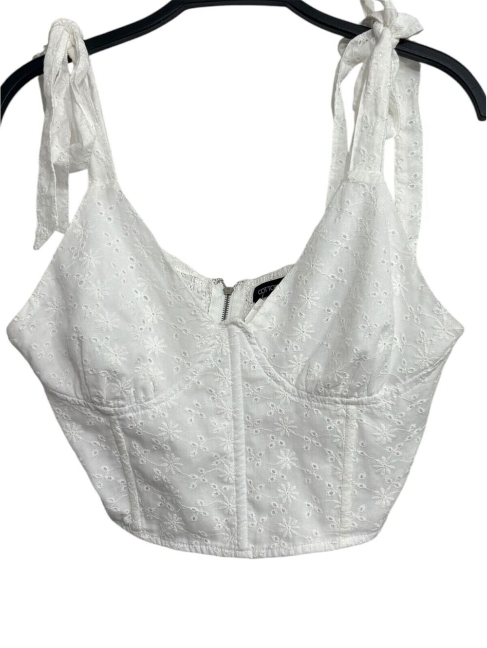#72 NWT Cotton Candy White Eyelet crop top with tie straps Size L